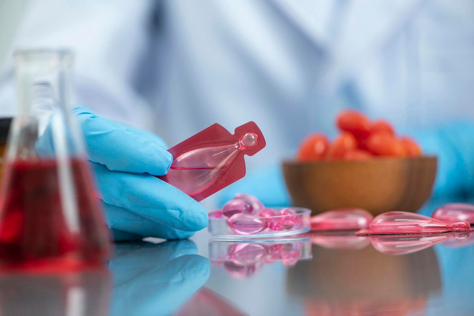 Scientist wearing gloves handling a red liquid vial in a laboratory setting, emphasizing research and medical care.